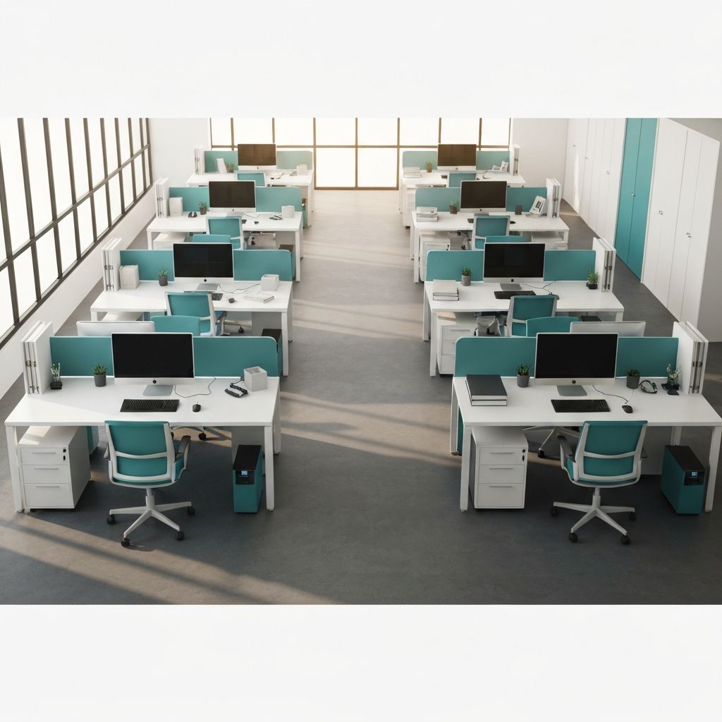 Modern professional office workspace with headsets and computers ready for call answering